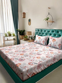 Myntra Elegant Homes White & Orange Printed Set Cadar King 300 TC 2.50 m x 2.25 m