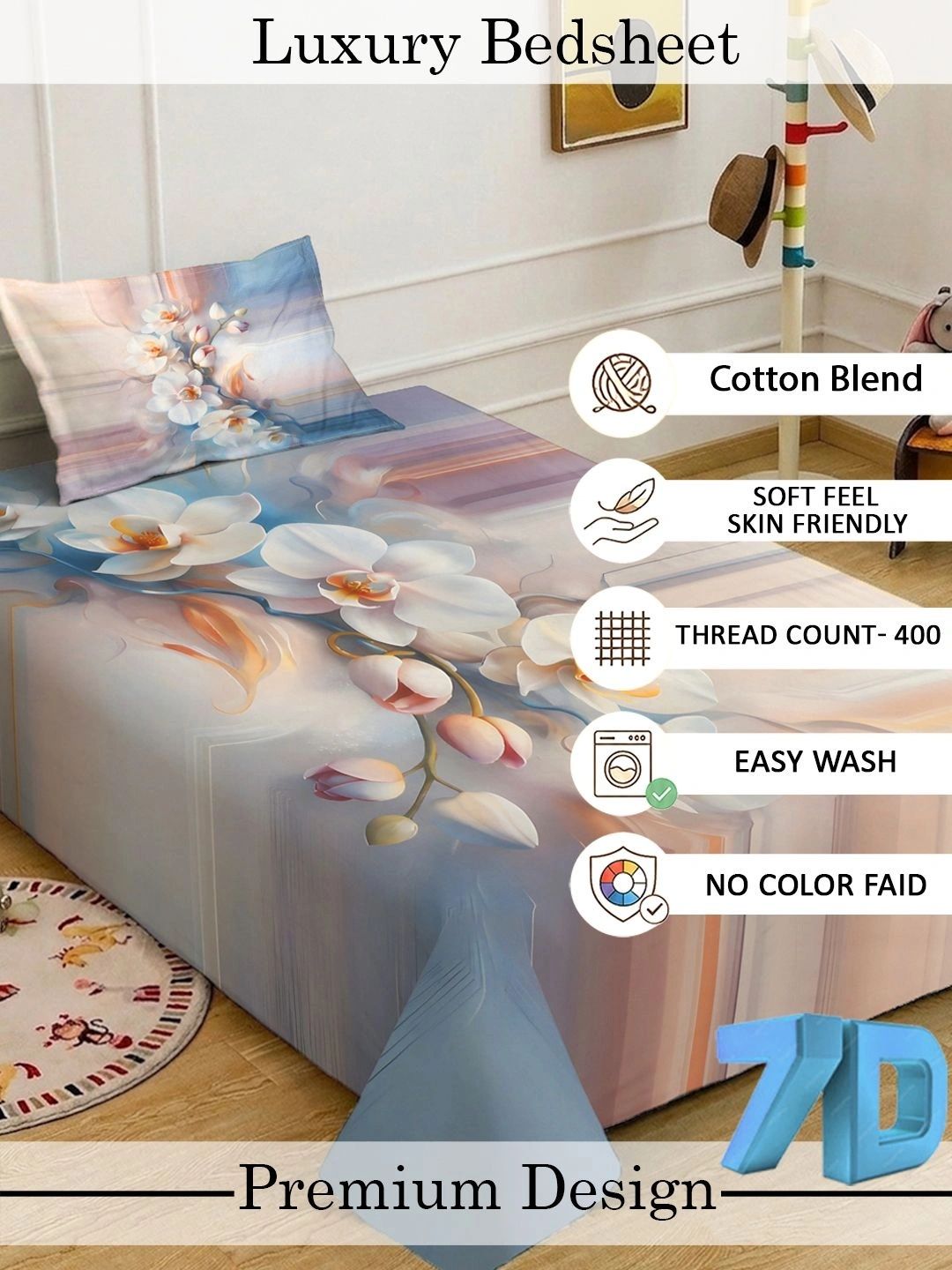KLOTTHE Pink & White Floral Dilengkapi 400 TC Single Cadar 7D dengan 1 Sarung Bantal
