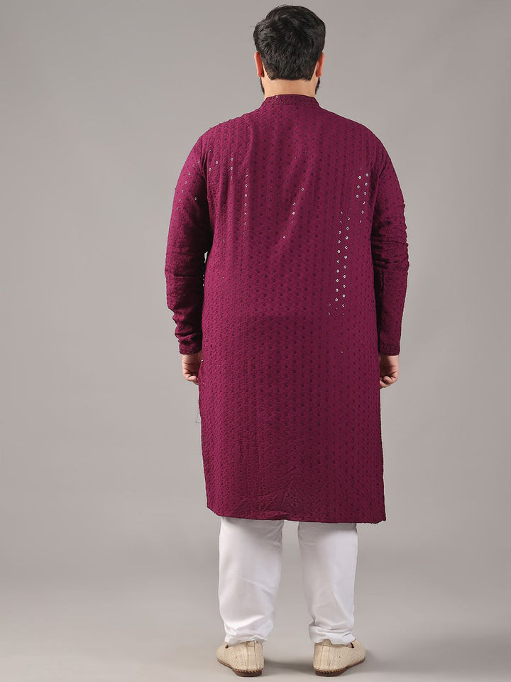 SOJANYA PLUS Size Floral Embroidered Band Collar Sequinned Cotton Straight Kurta