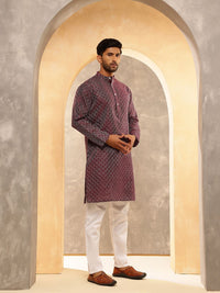 Anouk Geometric Embroidered Band Collar Thread Work Straight Cotton Silk Kurta