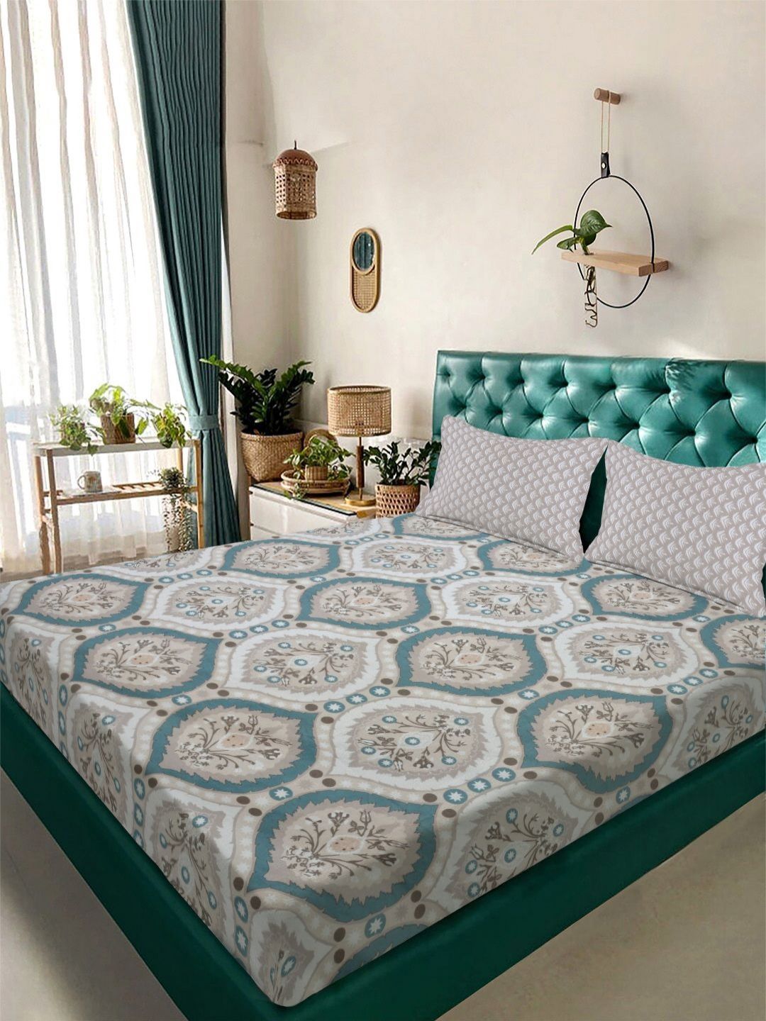 Aura Grey & Teal Floral Printed 300 TC Double King Bedsheet Set 2.50 m x 2.25 m