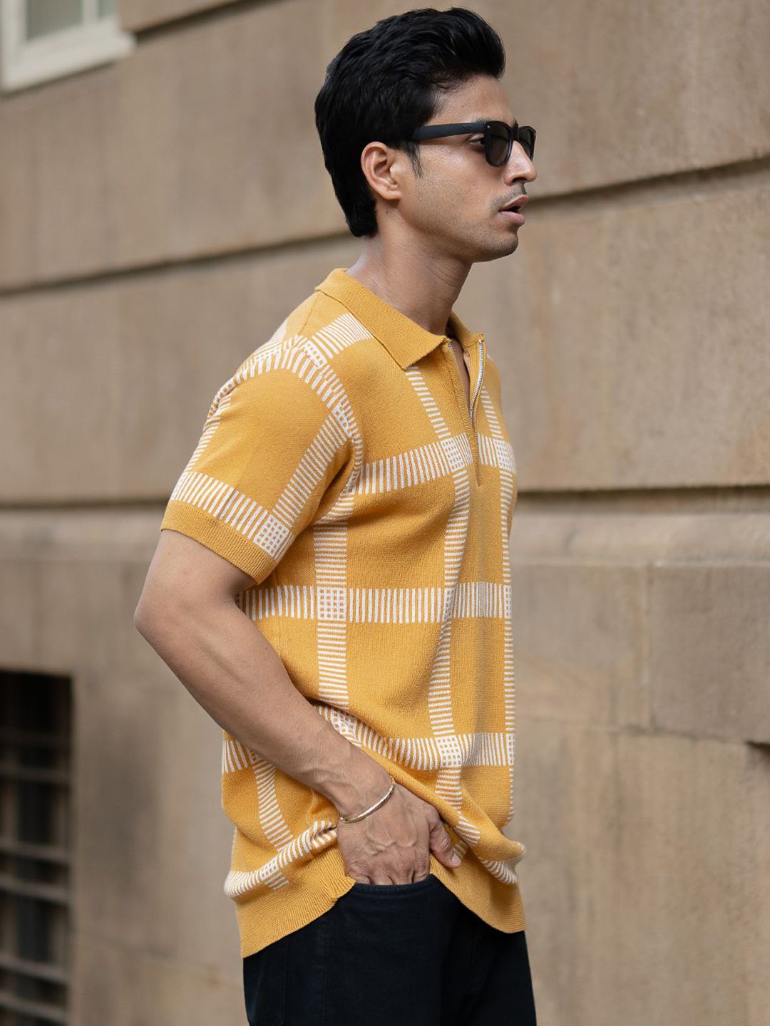 Powerlook SS25 Knitted Checked Polo Collar Pure Cotton T-Shirt
