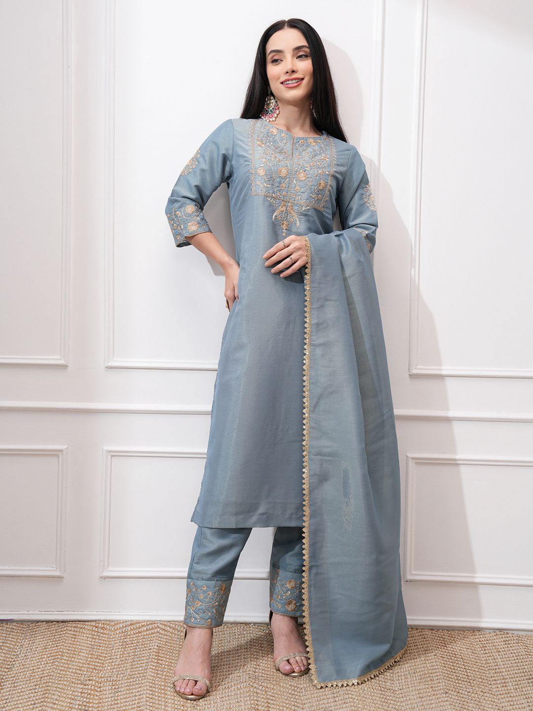 Vishudh Women Ethnic Motifs Embroidered Regular Kurta with Trousers & With Dupatta