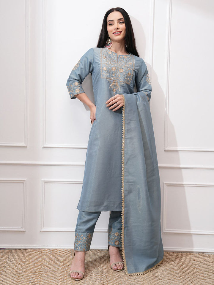 Vishudh Women Ethnic Motifs Embroidered Regular Kurta with Trousers & With Dupatta