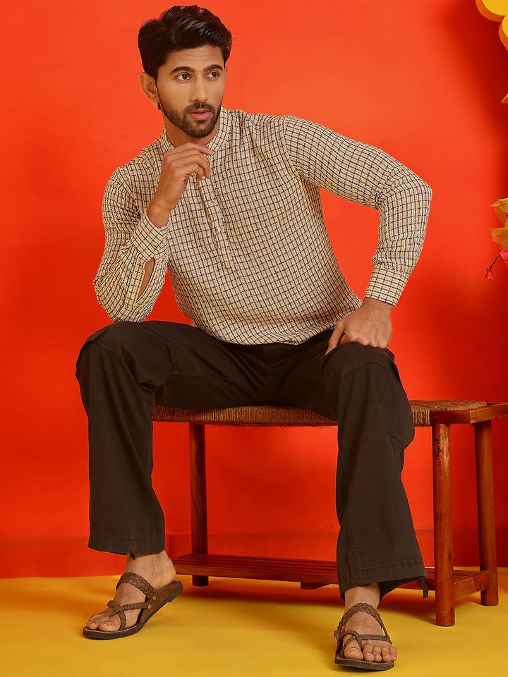 Jompers Checked Band Collar Long Roll-Up Sleeves Straight Kurta