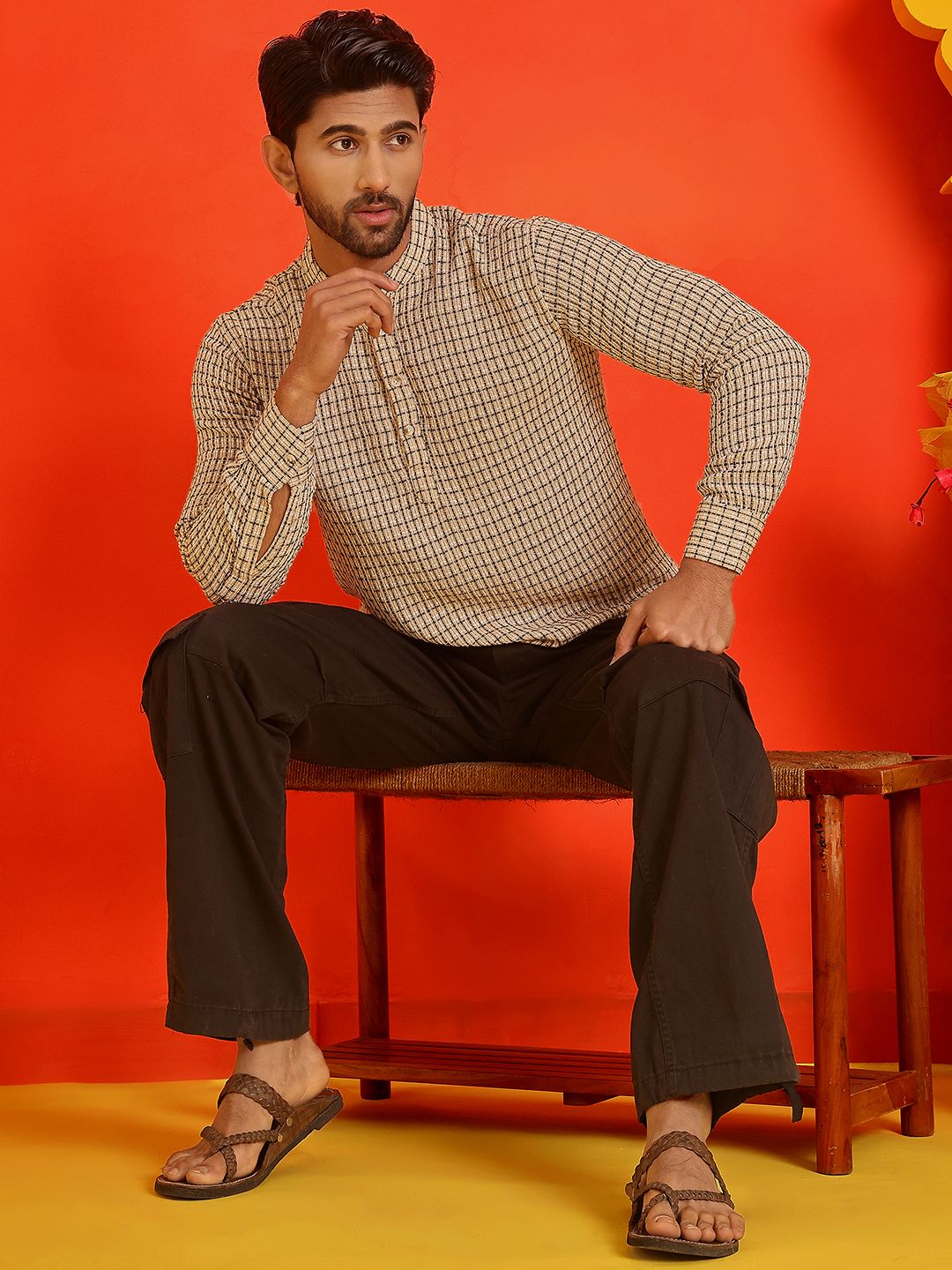 Jompers Checked Band Collar Long Roll-Up Sleeves Straight Kurta