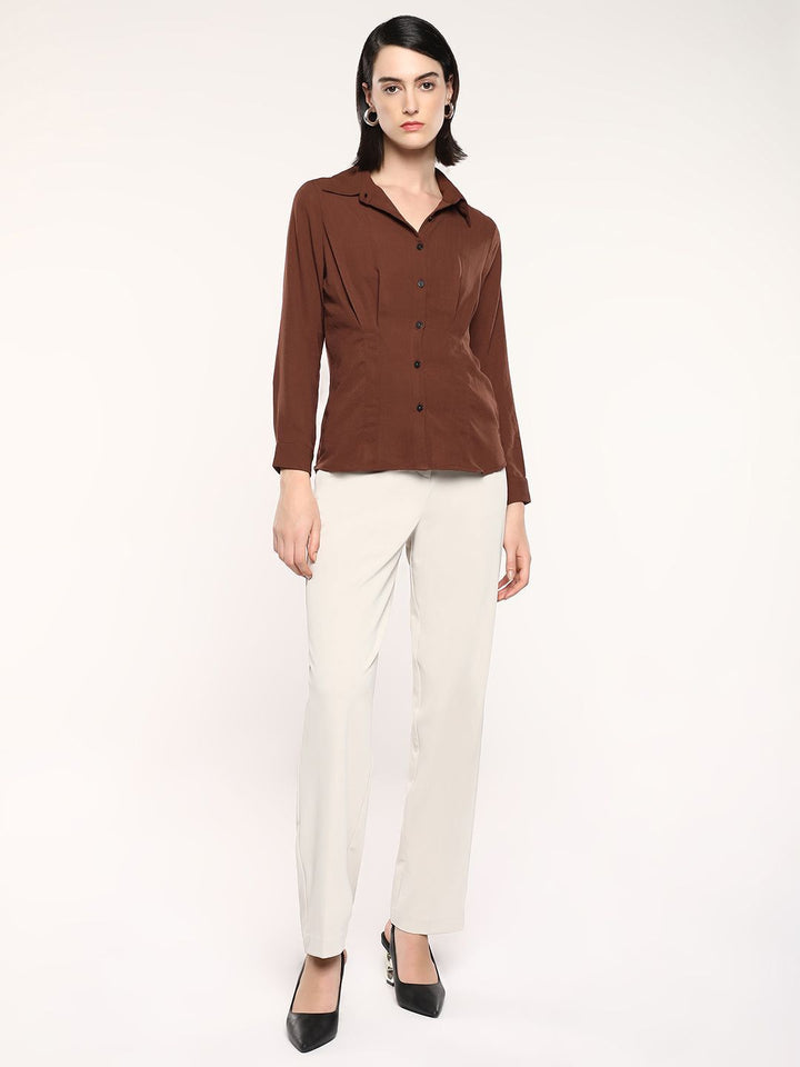 RAREISM Women Solid Shirt Collar Shirt Style Cotton Top