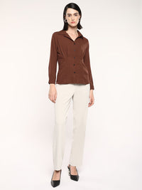 RAREISM Women Solid Shirt Collar Shirt Style Cotton Top
