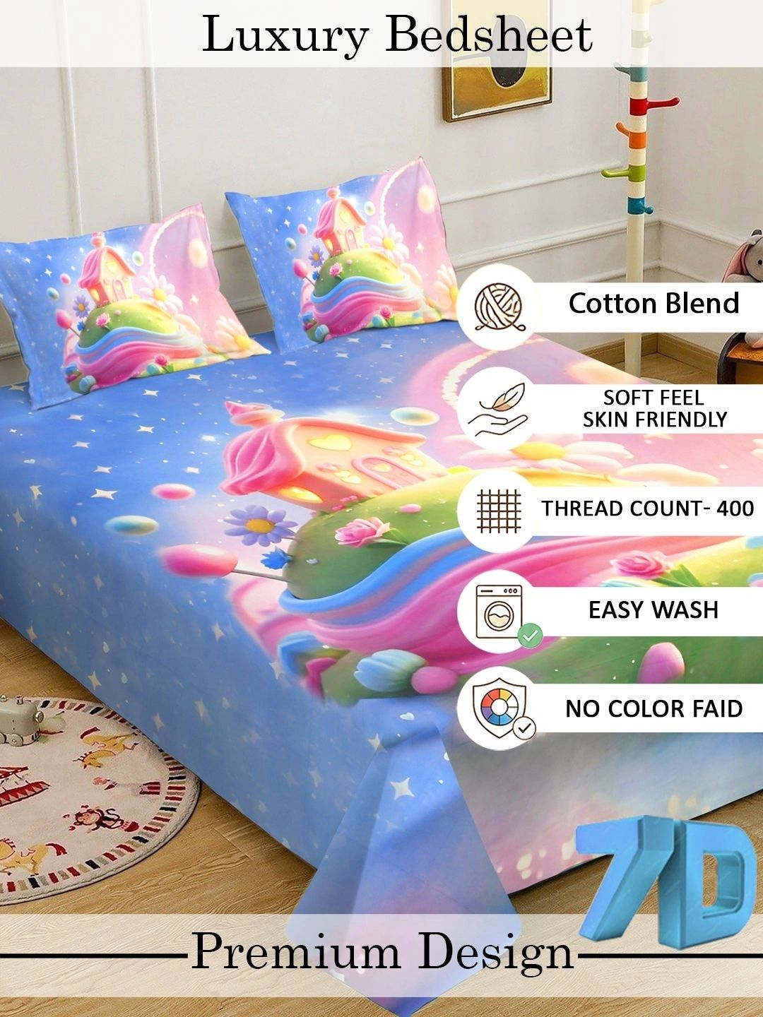 Blue Cartoon Characters 7D 400 TC Double King Superfine Bedsheet With 2 Pillow Cover