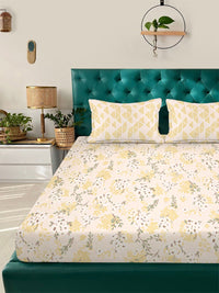 Aura Yellow & White Floral Printed 300 TC Fitted King Bedsheet Set 2.5 x 2.25 m