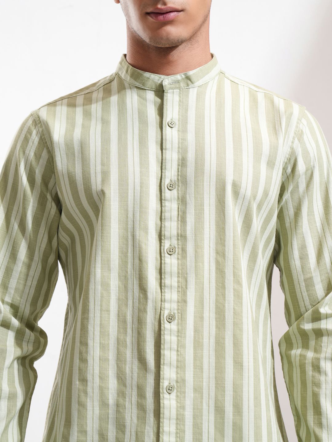 Highlander Men Cotton Linen Printed Striped Mandarin Collar Roll Up Sleeve Casual Shirt