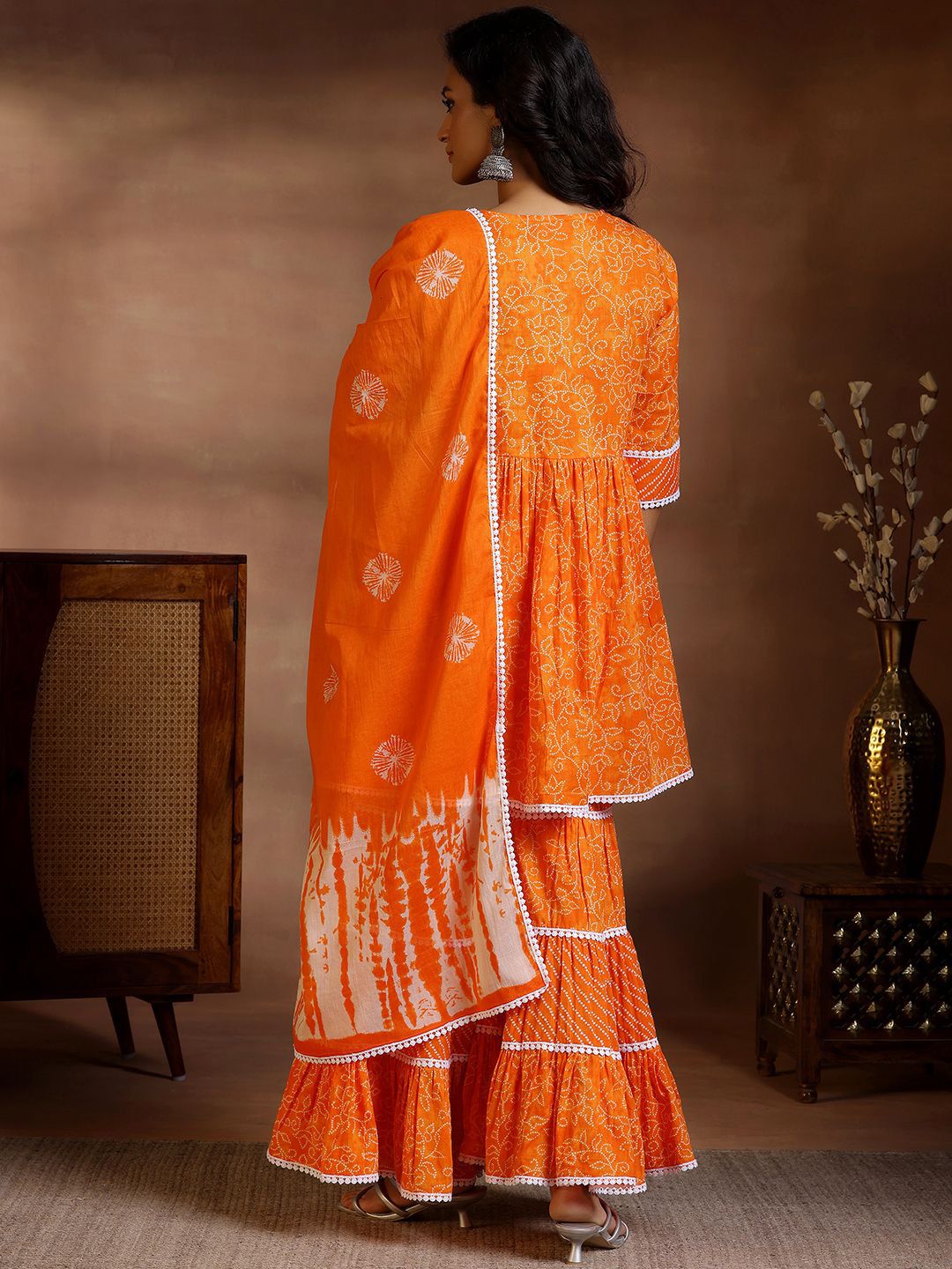 Libas Women Bandhani Printed Pleated Pure Cotton Kurti With Sharara & Dupatta