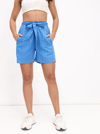 DressBerry Effortless Instinct Striped Threadwork Pure Cotton Belted Shorts