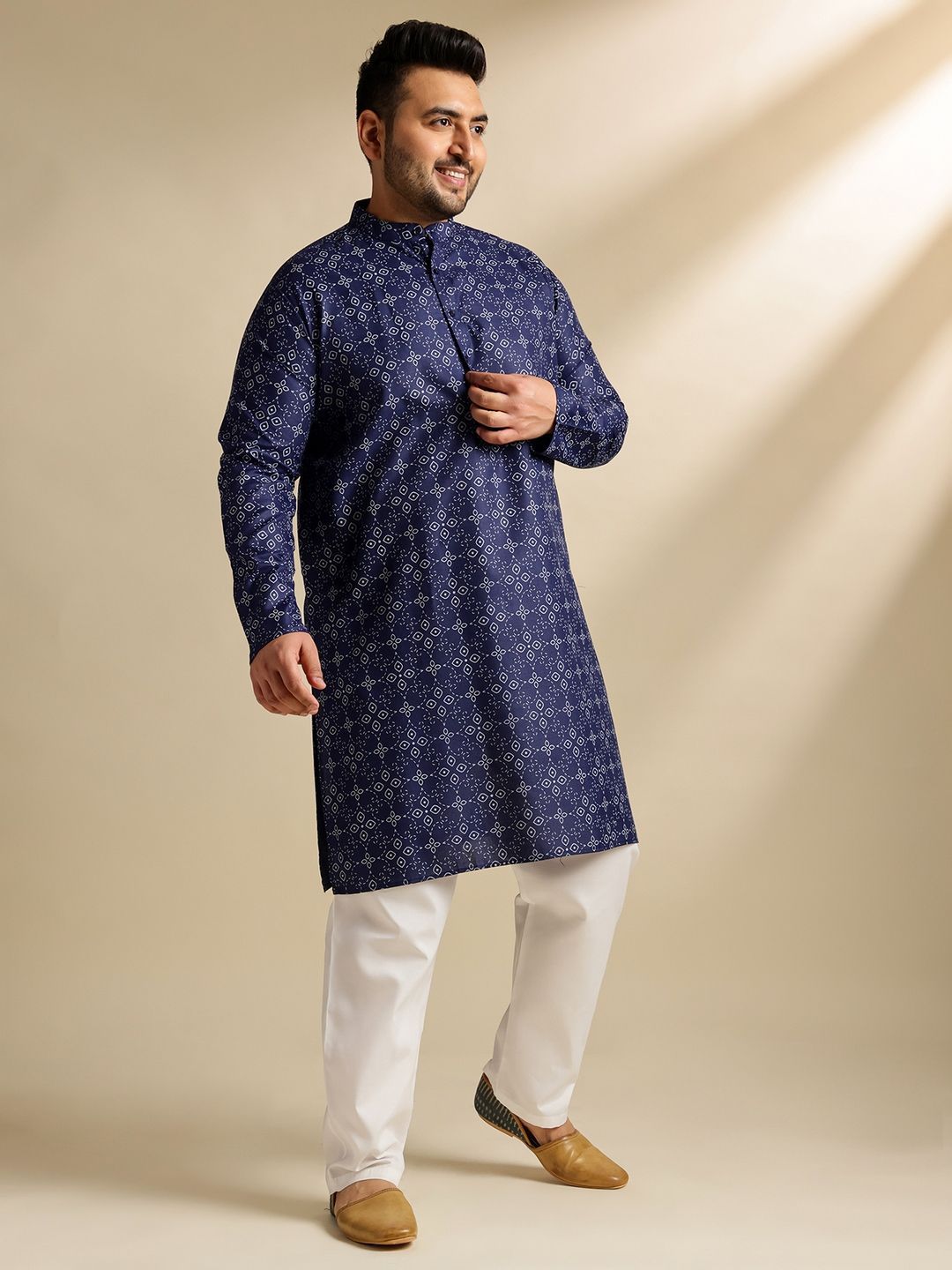 SOJANYA PLUS Ethnic Motifs Printed Mandarin Collar Straight Cotton Linen Kurta