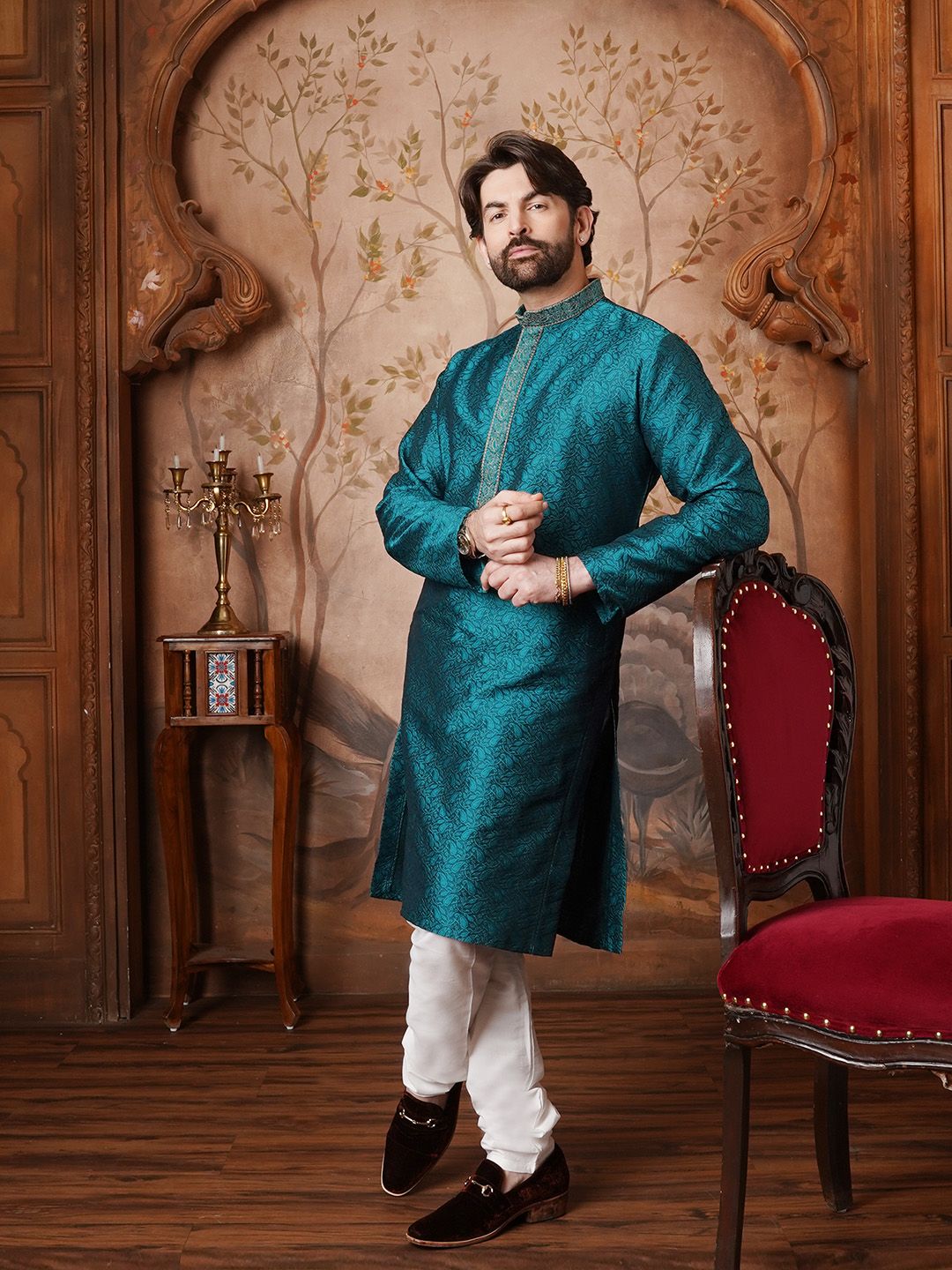 SOJANYA Men Teal Green Woven Design Kurta Lurus