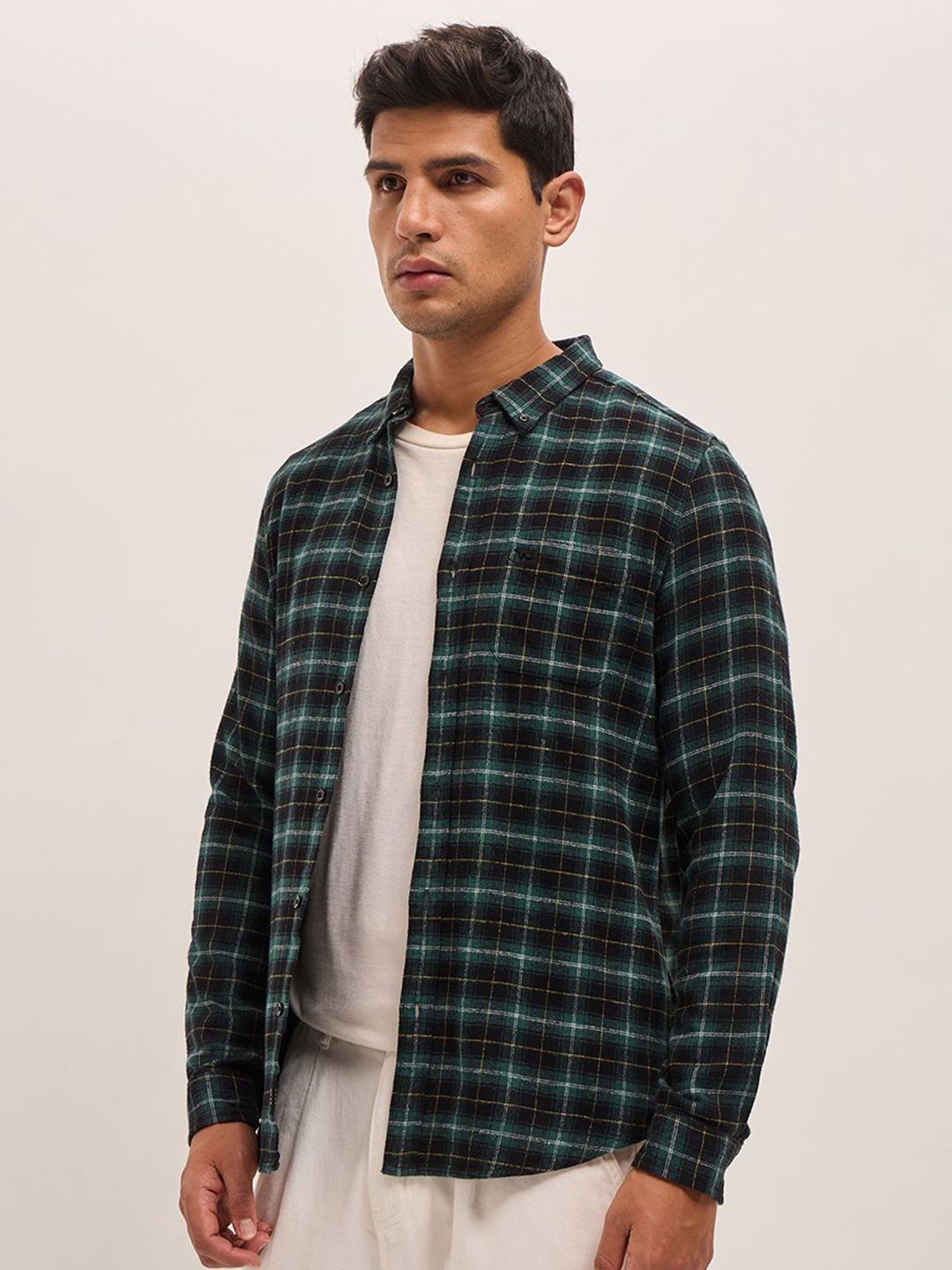 THE BEAR HOUSE Men Button-Down Collar Tartan Checked Cotton Slim Fit Casual Shirt