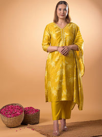 Mamicha Women Floral Printed Beads and Stones Pure Cotton Kurta with Trouser & Dupatta