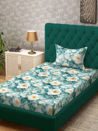 KLOTTHE Turquoise Blue Floral Printed Flat 300 TC Single Cadar 7D Dengan Sarung Bantal