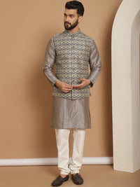 Motif Etnik Kelabu Anouk Rekaan Tenun Kurta Lurus Dengan Jaket Churidar & Nehru