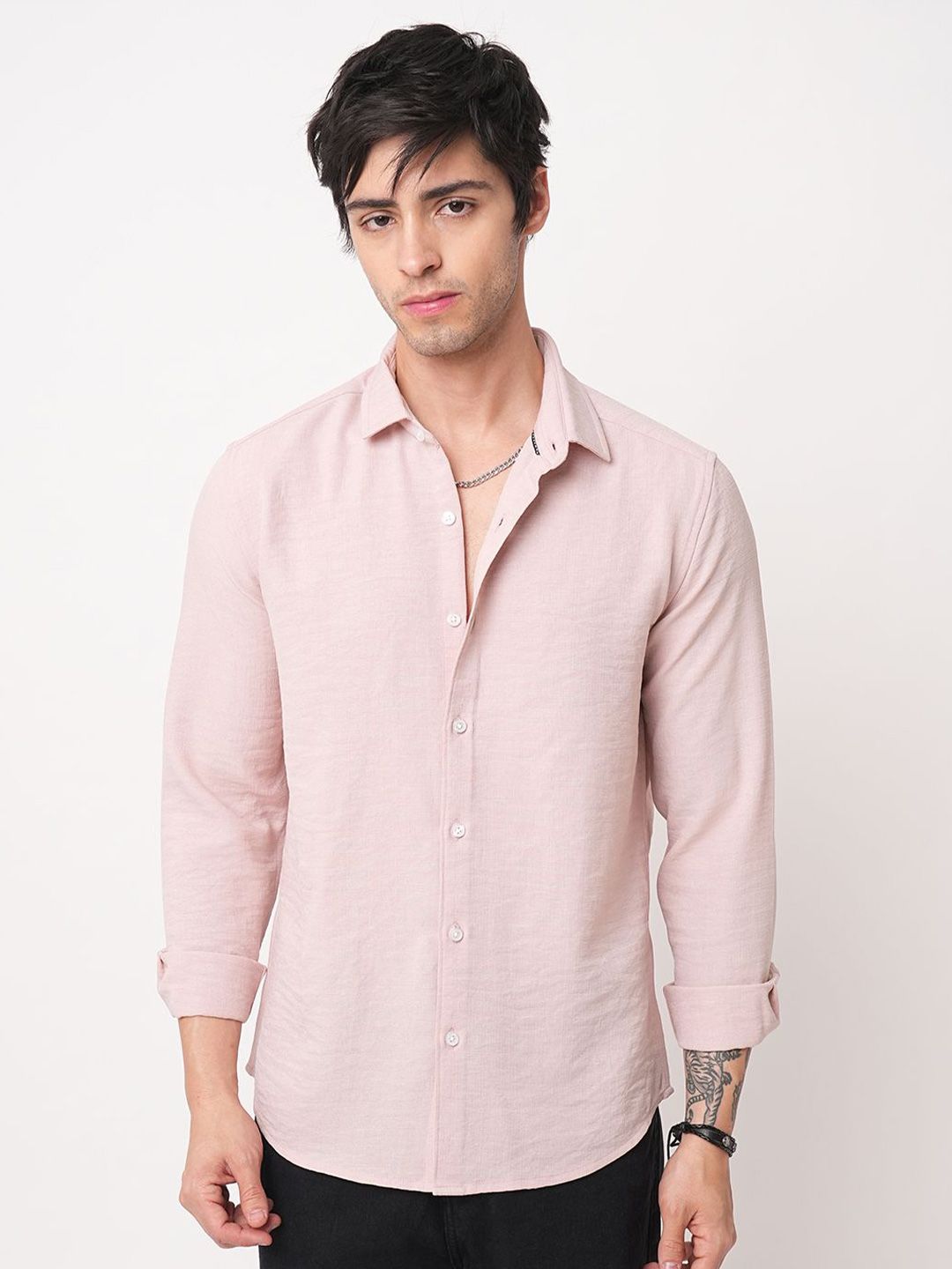 VASTRADO Men Pastel Peach Slub Textured Shirt