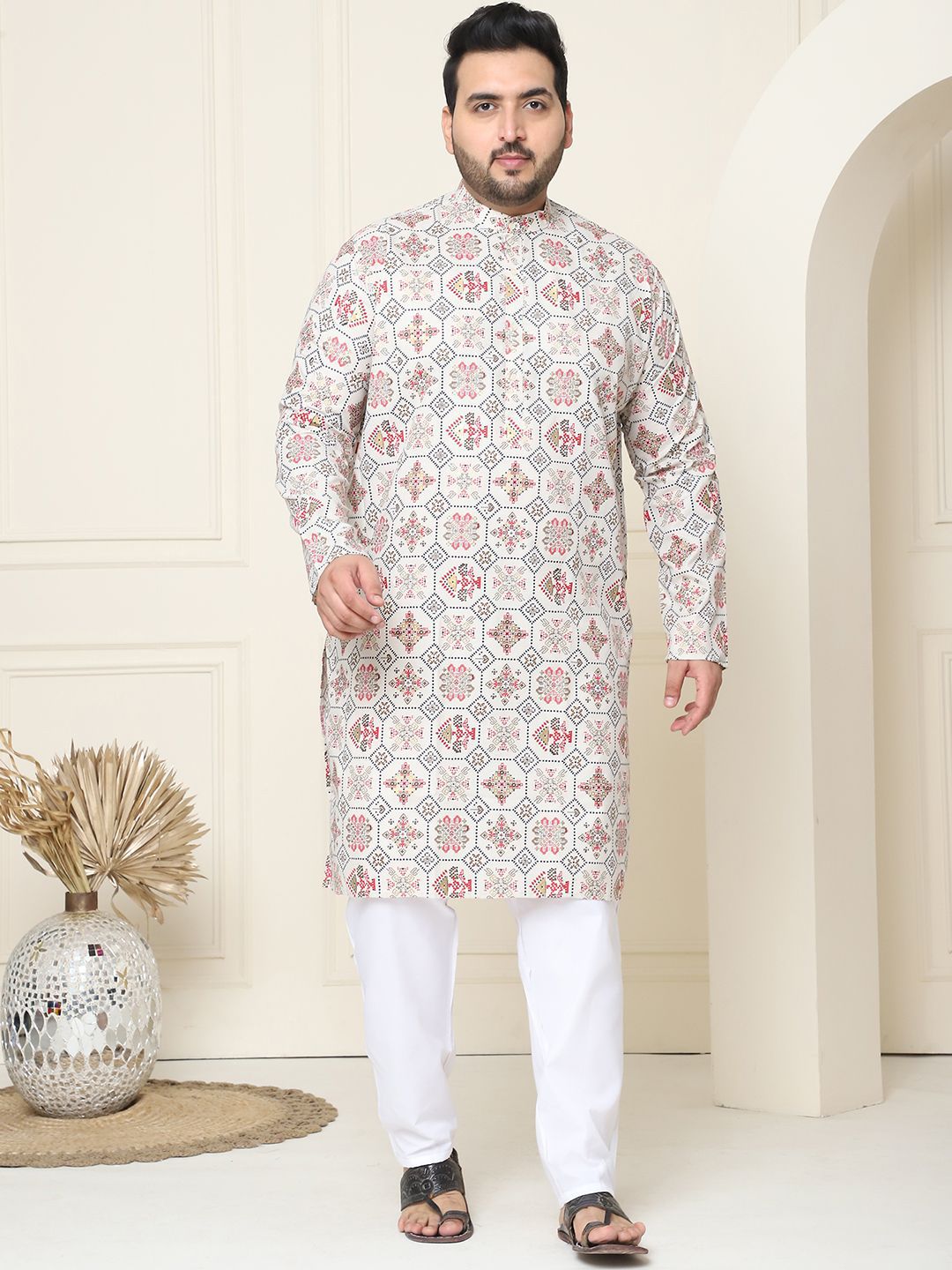 SOJANYA PLUS Ethnic Motifs Printed Cotton Linen Straight Kurta with Pyjamas