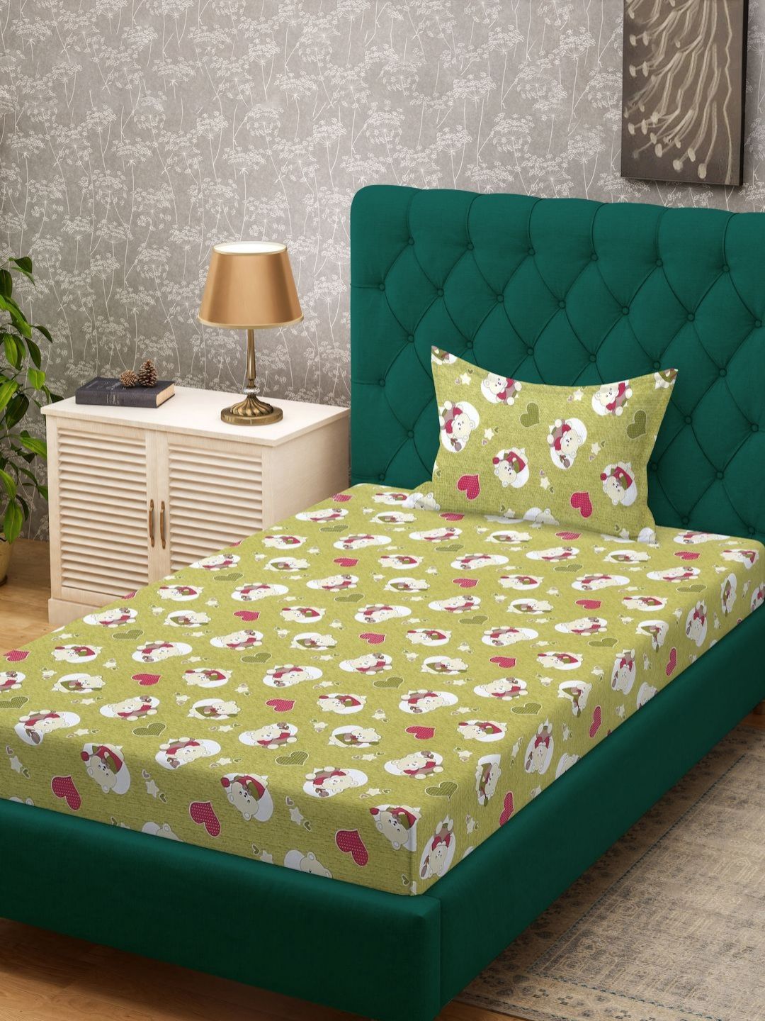 KLOTTHE Green Conversational Pure Cotton 400 TC Single Superfine Bedsheet with a Pillow Cover-89 x 59 inches