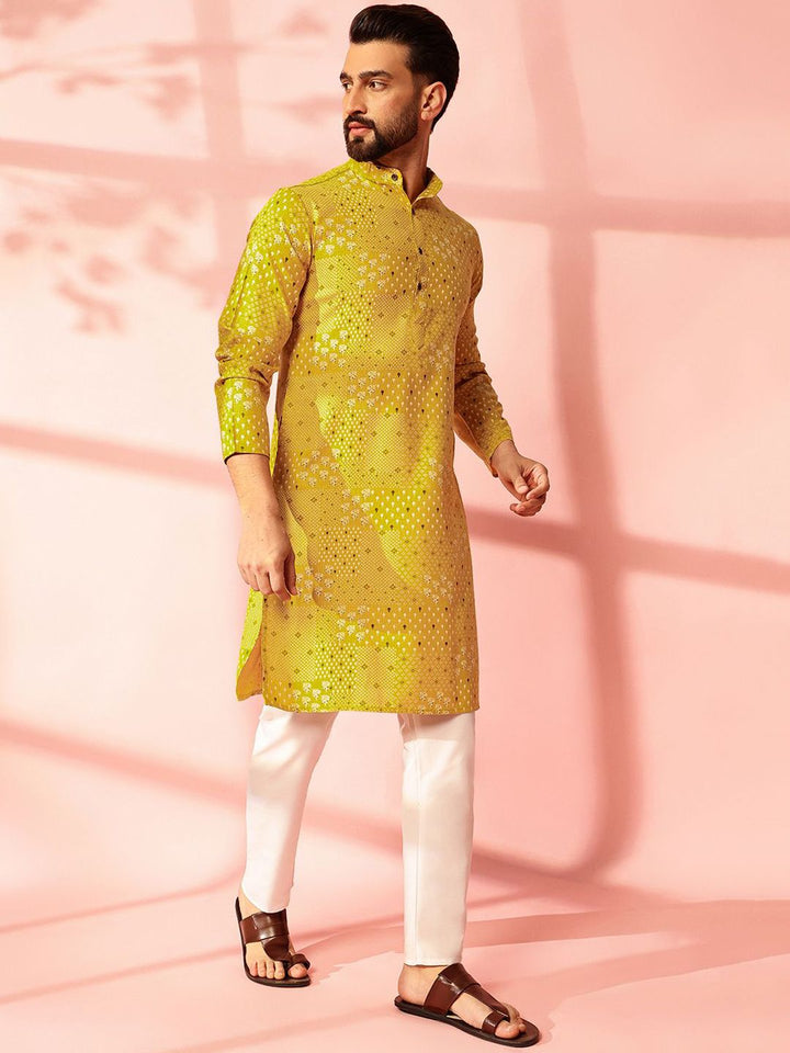 Anouk Floral Printed Band Collar Cotton Linen Straight Kurta