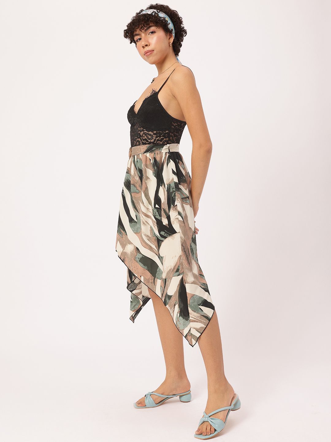 DressBerry Island Girl Printed Lacey Belted A-Line Dress