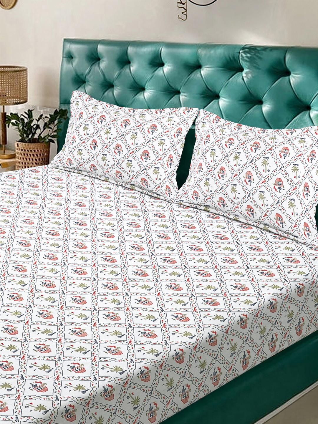 KLOTTHE White & Red Geometric Printed Fitted 300TC King Double Bed Sheet & 2 Pillow Cover