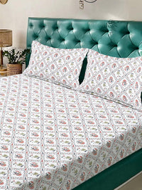 KLOTTHE White & Red Geometric Printed Fitted 300TC King Double Bed Sheet & 2 Pillow Cover