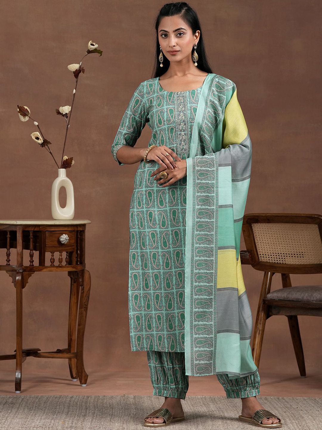 Libas Paisley Printed Thread Work Straight Kurta with Salwar & Dupatta