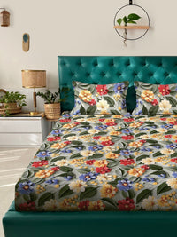 Myntra Elegant Green Floral Printed Fitted 300 TC King 7D Bedsheet with 2 Pillow Covers