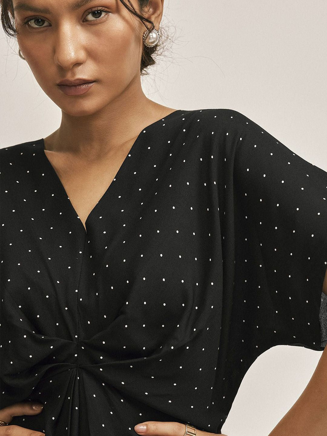 The Label Life Women Monochrome Polka Dot Gathered A-Line Dress