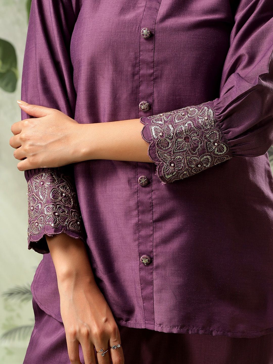 Bani Women Embroidered Puff Sleeves Pure Silk Shirt With Trousers