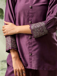 Bani Women Embroidered Puff Sleeves Pure Silk Shirt With Trousers