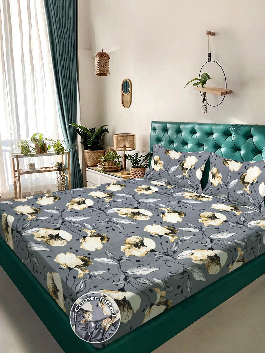KLOTTHE Grey Floral 300 TC Cadar Katil King dengan 2 Sarung Bantal