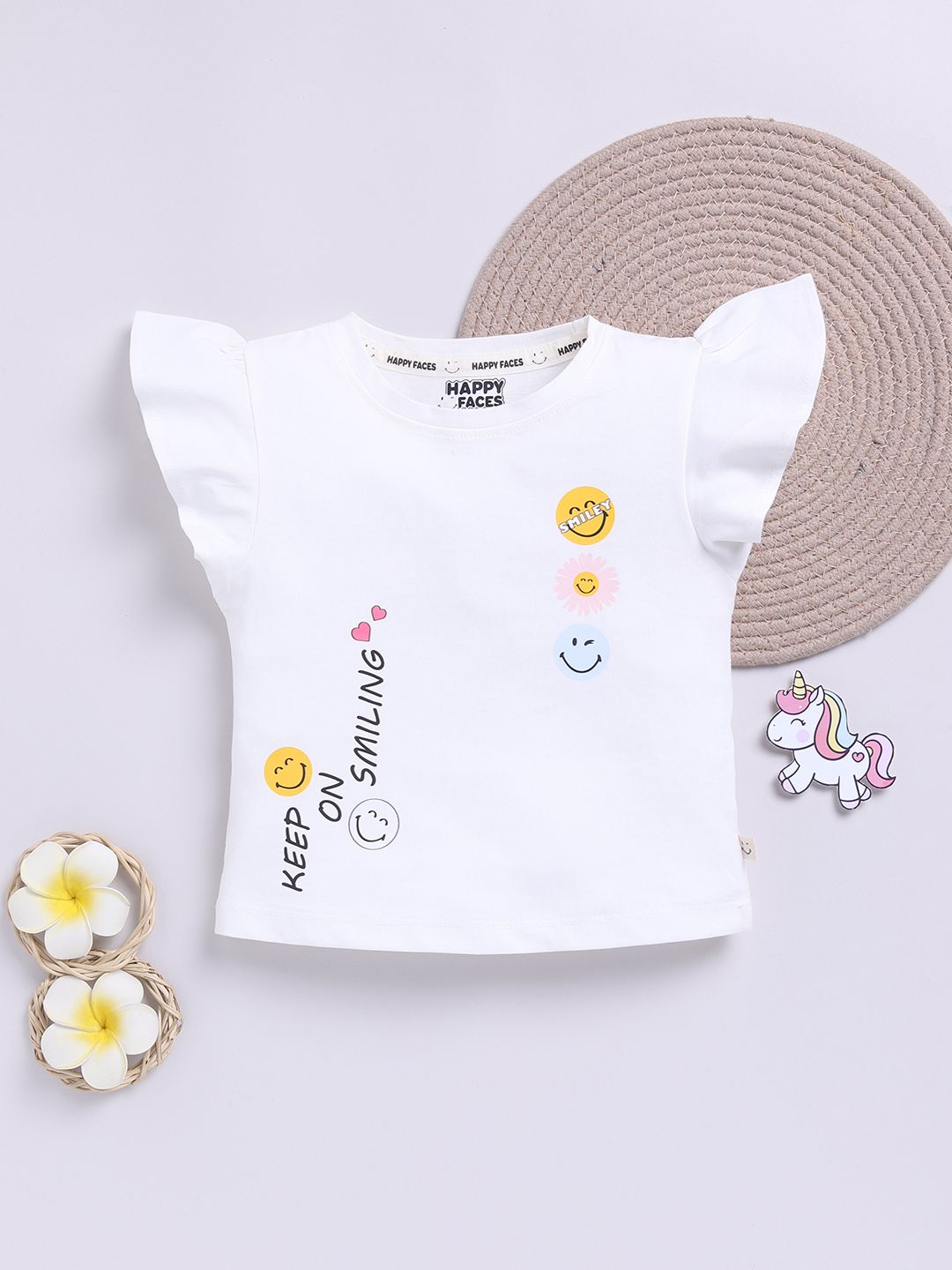 Happy Faces Kids Girls Printed Flutter Sleeve Pure Cotton Top