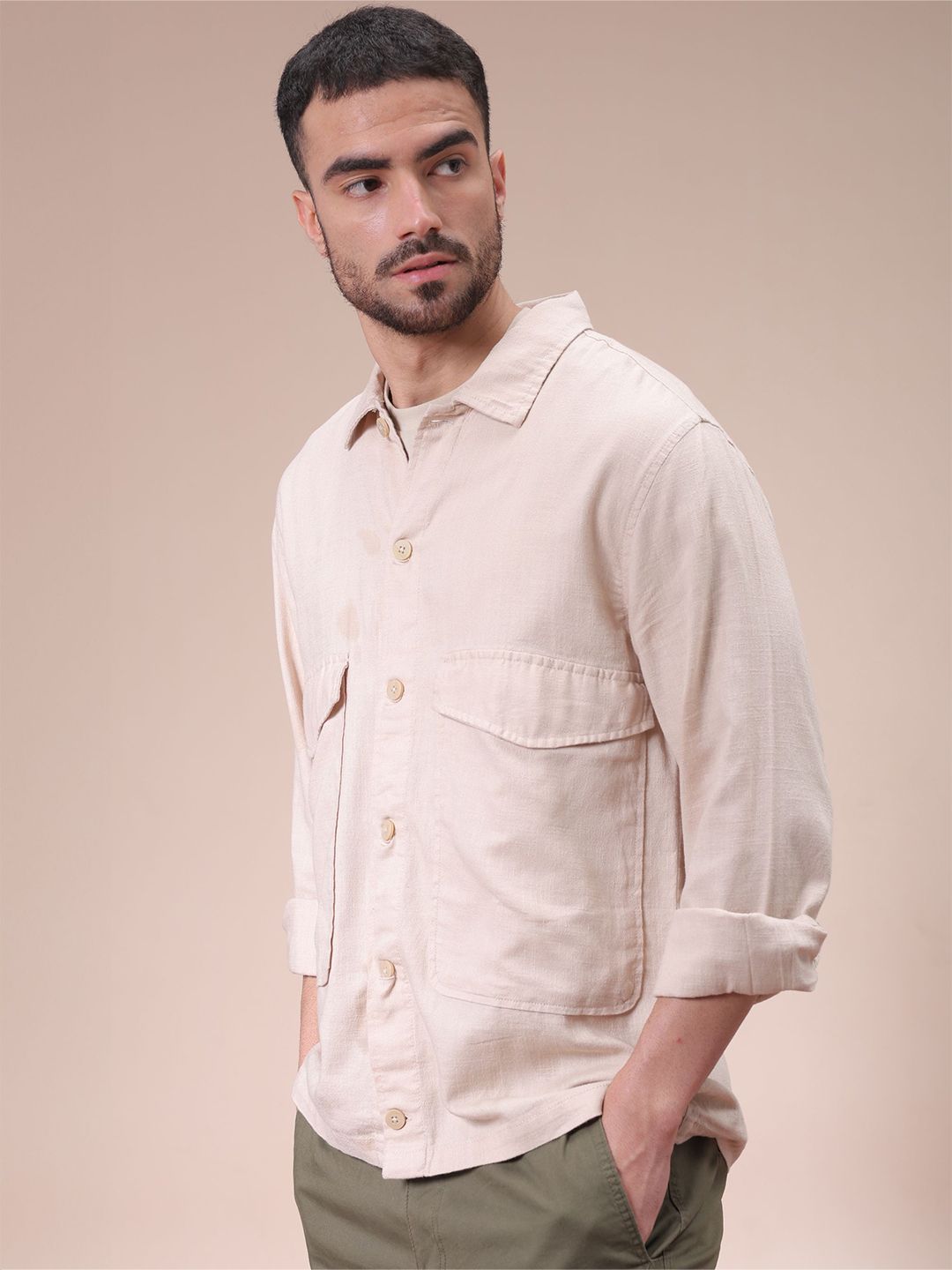 The Indian Garage Co Men Regular Fit Solid Double Flap Pocket Resortwear Overshirt