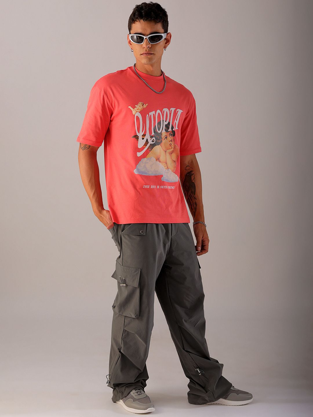 The Indian Garage Co Pure Cotton Typography Printed Boxy Oversized Round Neck T-shirt