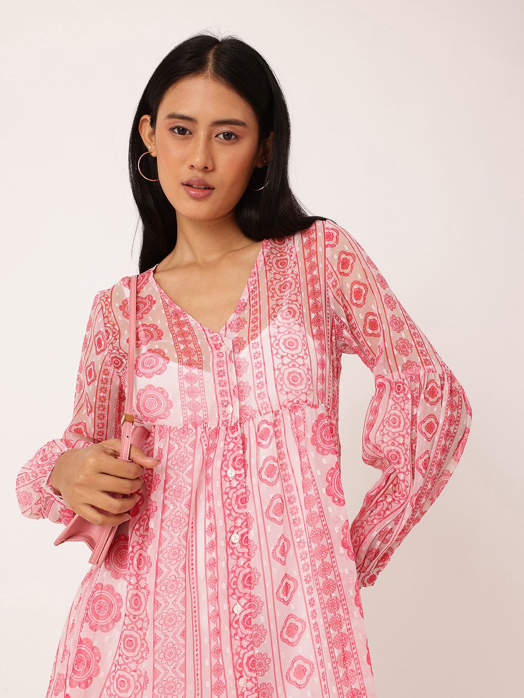 DressBerry Printed A-Line Dobby Dress With A Inner Slip