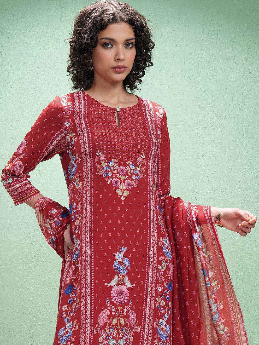 Vishudh Floral Printed Keyhole Neck Straight Kurta With Trousers & Dupatta