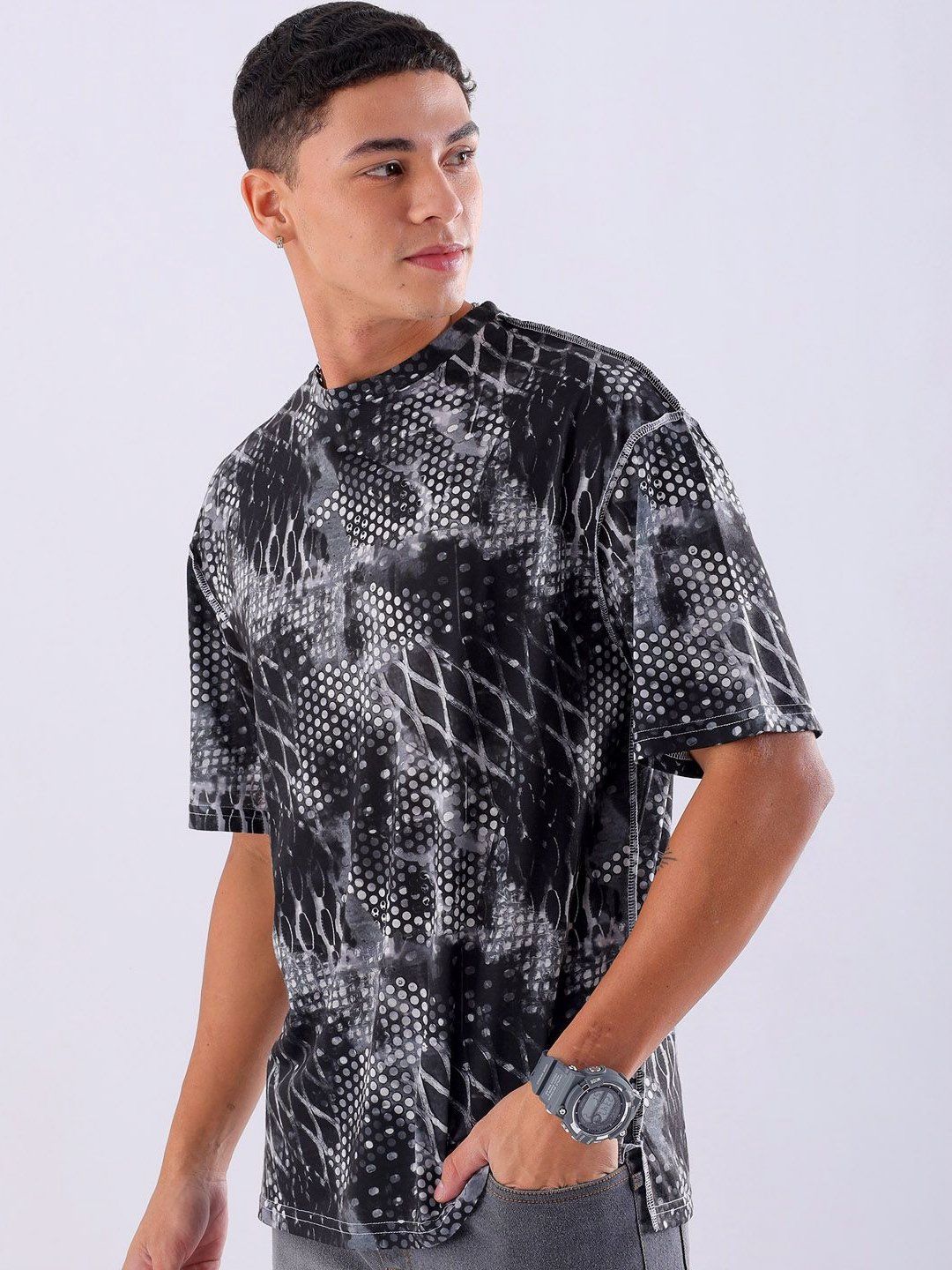 The Indian Garage Co Men Abstract Printed Neck Oversized T-shirt
