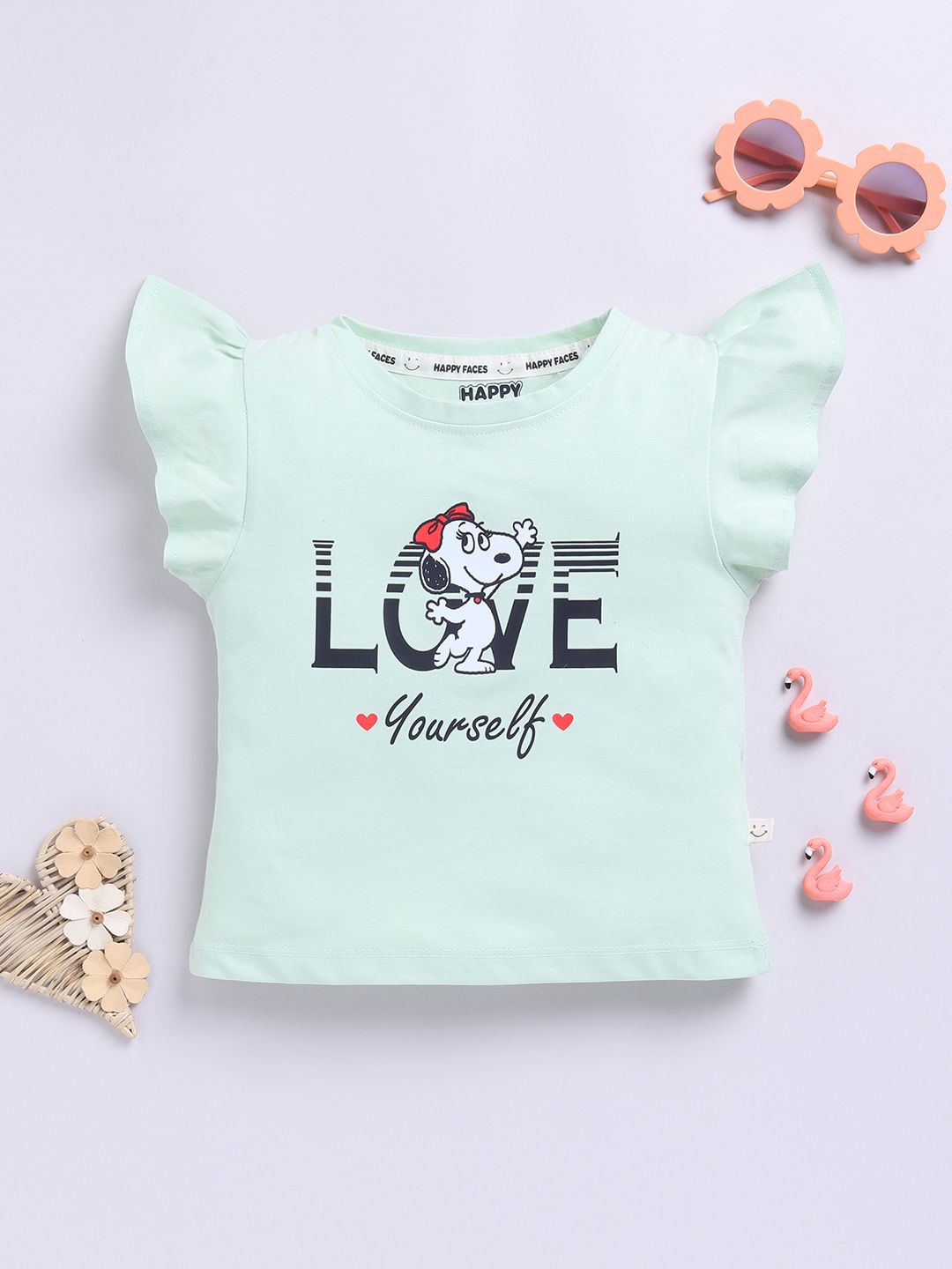 Happy Faces Kids Girls Snoopy Printed Flutter Sleeve Pure Cotton Top