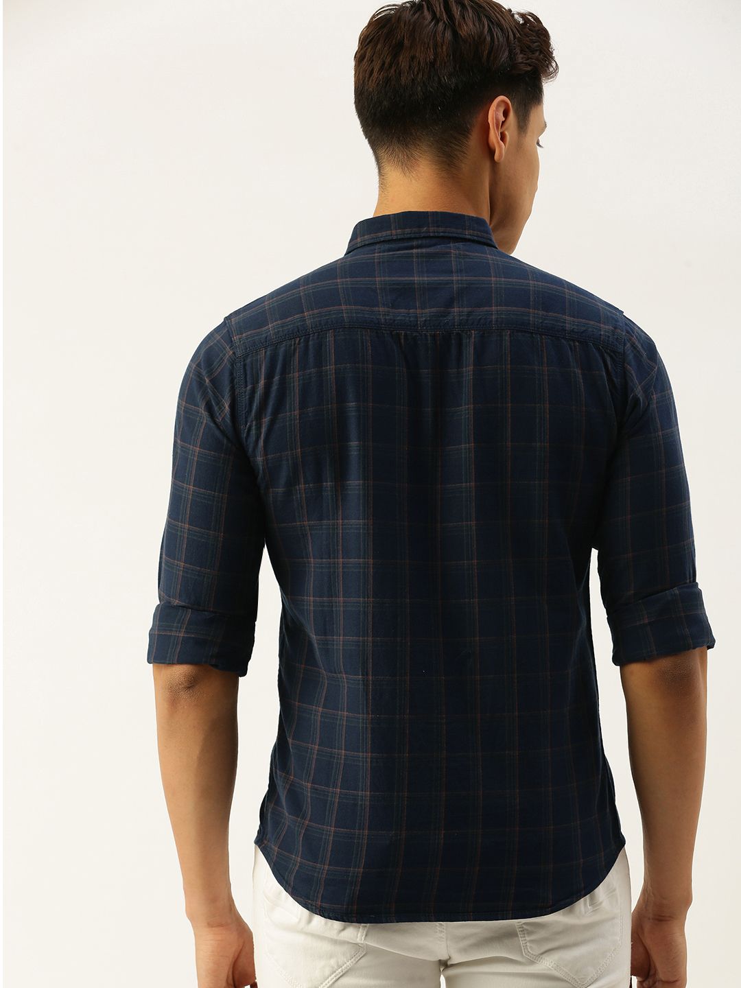 The Indian Garage Co Men Navy Blue & Brown Slim Fit Checked Casual Shirt