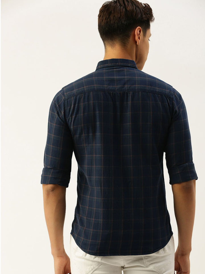The Indian Garage Co Men Navy Blue & Brown Slim Fit Checked Casual Shirt