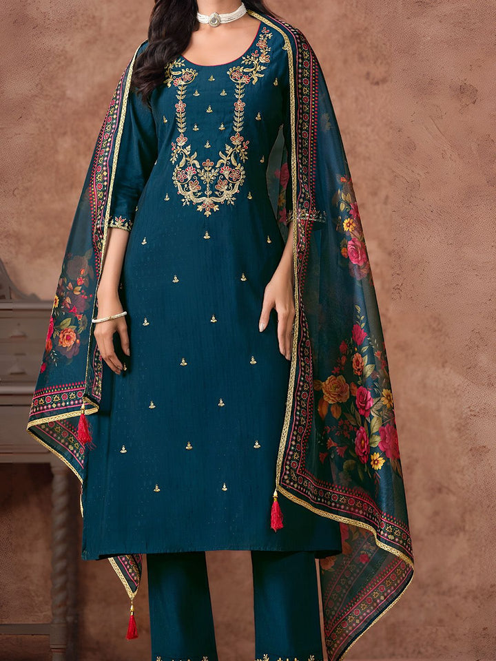 Varanga Women Floral Embroidered Regular Thread Work Kurta with Trousers & With Dupatta