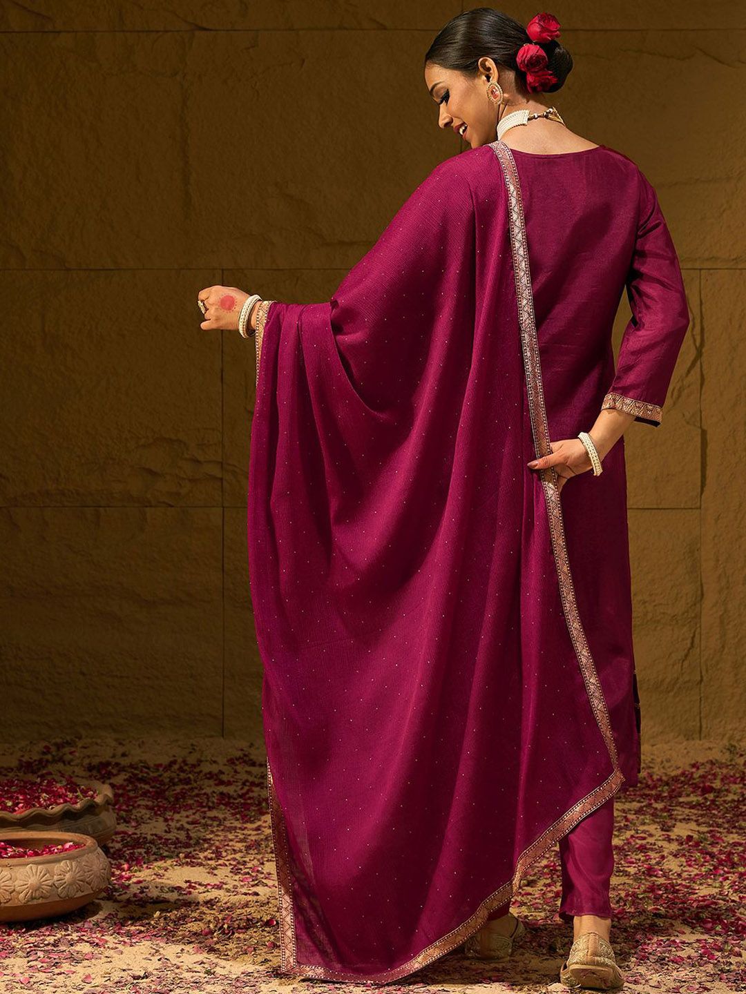 Indo Era Floral Embroidered Jacquard Straight Kurta With Trousers & Dupatta