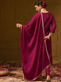 Indo Era Floral Embroidered Jacquard Straight Kurta With Trousers & Dupatta