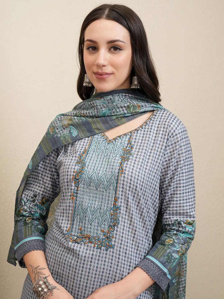 Vishudh Grey Geometric Printed Pure Cotton Straight Kurta With Trousers & Dupatta