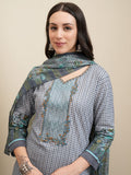 Vishudh Grey Geometric Printed Pure Cotton Straight Kurta With Trousers & Dupatta